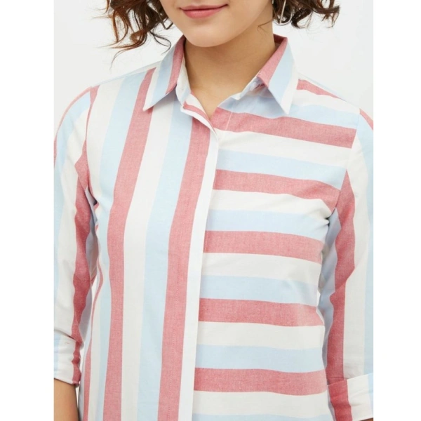 Women's Cotton Striped Long Sleeves Standard Length Shirt (Pink) - M