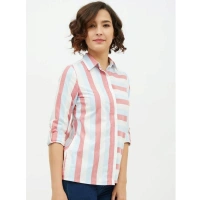 Women's Cotton Striped Long Sleeves Standard Length Shirt (Pink) - M