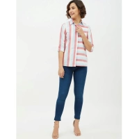 Women's Cotton Striped Long Sleeves Standard Length Shirt (Pink) - M
