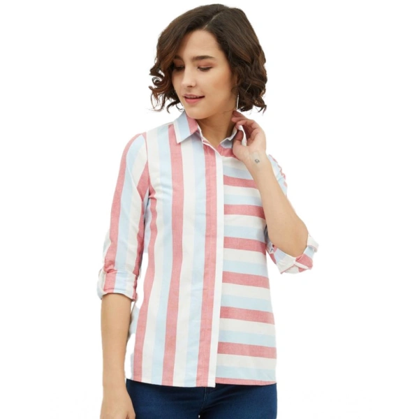 Women's Cotton Striped Long Sleeves Standard Length Shirt (Pink) - L