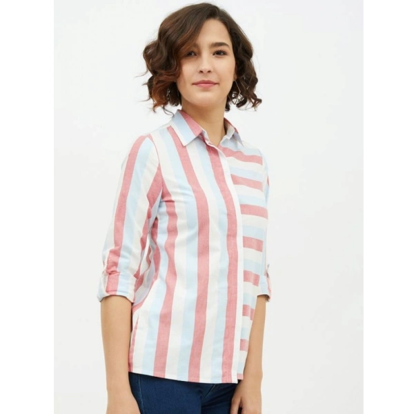 Women's Cotton Striped Long Sleeves Standard Length Shirt (Pink) - L