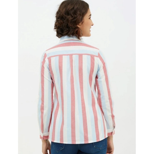 Women's Cotton Striped Long Sleeves Standard Length Shirt (Pink) - L