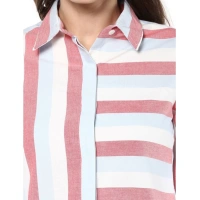 Women's Cotton Striped Roll Up Sleeve Regular Top (Red) - M