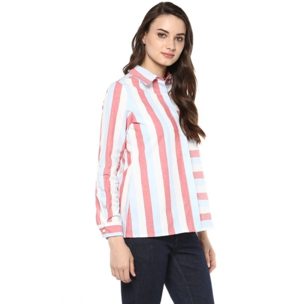 Women's Cotton Striped Roll Up Sleeve Regular Top (Red) - M