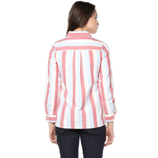 Women's Cotton Striped Roll Up Sleeve Regular Top (Red) - M