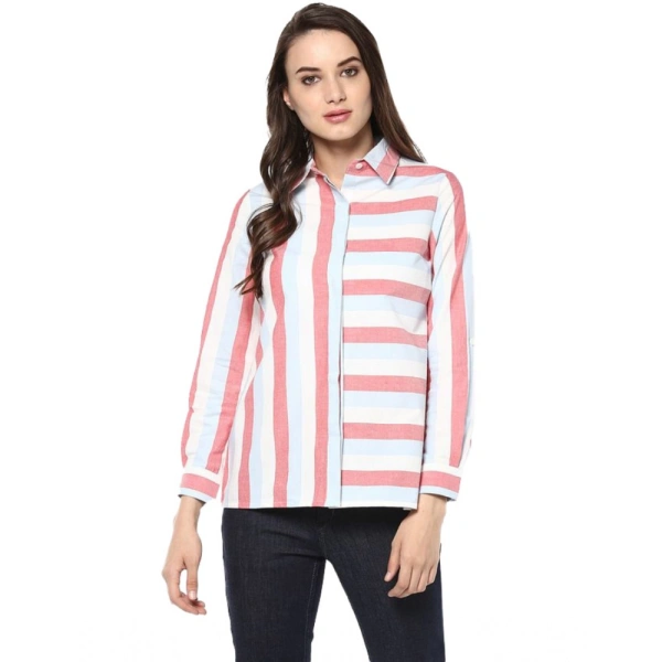 Women's Cotton Striped Roll Up Sleeve Regular Top (Red) - L