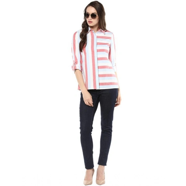 Women's Cotton Striped Roll Up Sleeve Regular Top (Red) - L