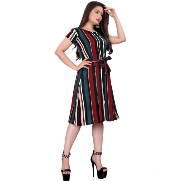 Generic Women's Crep Striped Short Sleeve Dress (Red-Blue ) - 2XL