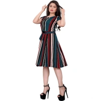 Generic Women's Crep Striped Short Sleeve Dress (Red-Blue ) - 2XL