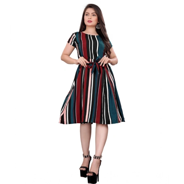Generic Women's Crep Striped Short Sleeve Dress (Red-Blue ) - 2XL