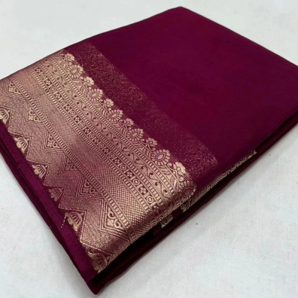 Shopnav Women's Crepe Chit Pallu Solid Saree With Unstitched Blouse 5.5Mtr (Purple)