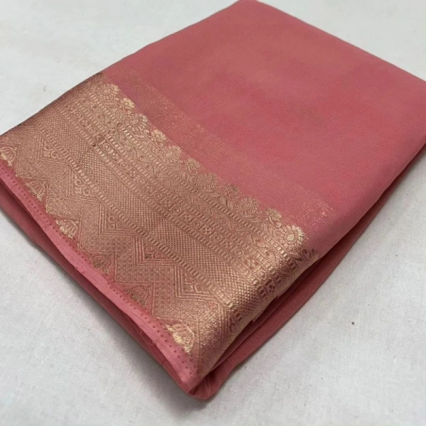 Shopnav Women's Crepe Chit Pallu Solid Saree With Unstitched Blouse 5.5Mtr (Peach)