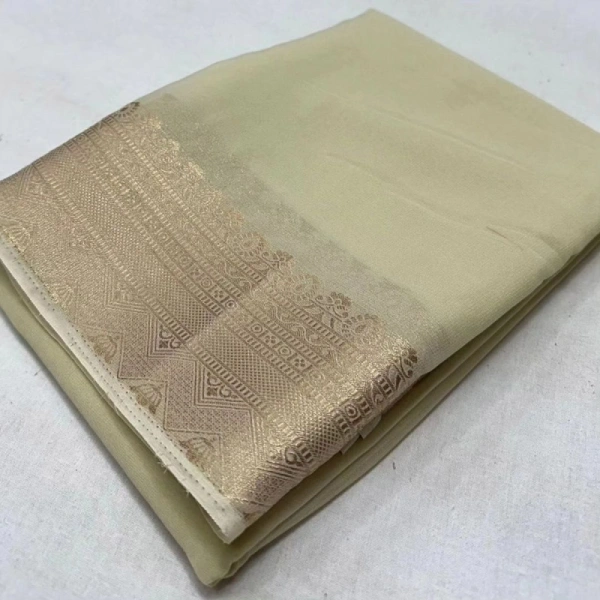 Shopnav Women's Crepe Chit Pallu Solid Saree With Unstitched Blouse 5.5Mtr (Beige)