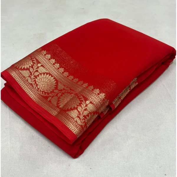 Shopnav Women's Crepe Chit Pallu Solid Saree With Unstitched Blouse 5.5Mtr (Red)
