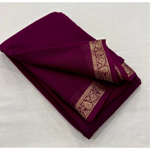 Shopnav Women's Crepe Chit Pallu Solid Saree With Unstitched Blouse 5.5Mtr (Wine)