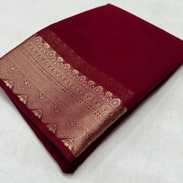 Shopnav Women's Crepe Chit Pallu Solid Saree With Unstitched Blouse 5.5Mtr (Maroon)