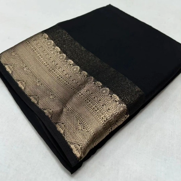Shopnav Women's Crepe Chit Pallu Solid Saree With Unstitched Blouse 5.5Mtr (Black)