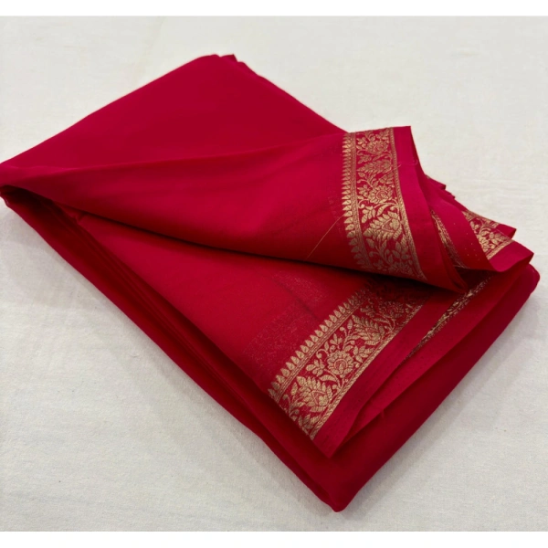Shopnav Women's Crepe Chit Pallu Solid Saree With Unstitched Blouse 5.5Mtr (Red)