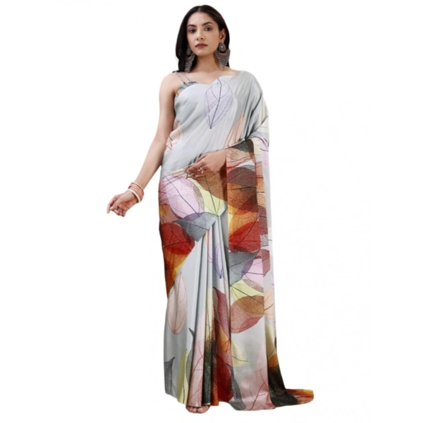 Women's Crepe Digital Print Saree With Unstitched Blouse 5.5Mtr (Silver) - Silver