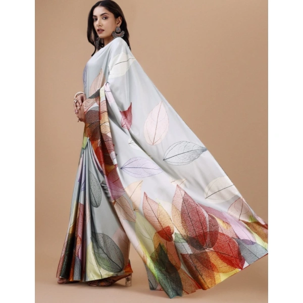 Women's Crepe Digital Print Saree With Unstitched Blouse 5.5Mtr (Silver) - Silver