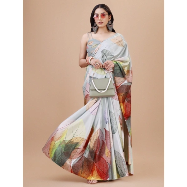 Women's Crepe Digital Print Saree With Unstitched Blouse 5.5Mtr (Silver) - Silver