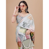 Women's Crepe Digital Print Saree With Unstitched Blouse 5.5Mtr (Silver) - Silver