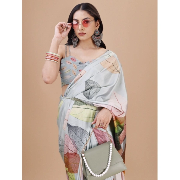 Women's Crepe Digital Print Saree With Unstitched Blouse 5.5Mtr (Silver) - Silver