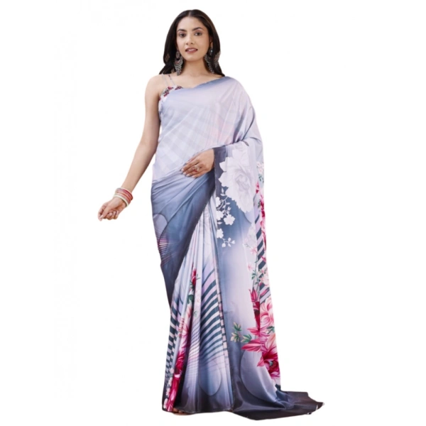 Women's Crepe Digital Print Saree With Unstitched Blouse 5.5Mtr (Grey) - Grey