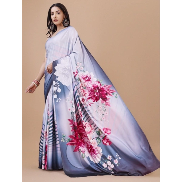 Women's Crepe Digital Print Saree With Unstitched Blouse 5.5Mtr (Grey) - Grey