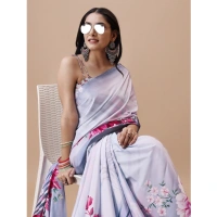 Women's Crepe Digital Print Saree With Unstitched Blouse 5.5Mtr (Grey) - Grey
