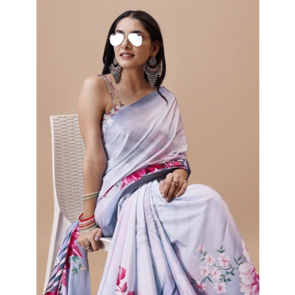 Women's Crepe Digital Print Saree With Unstitched Blouse 5.5Mtr (Grey) - Grey