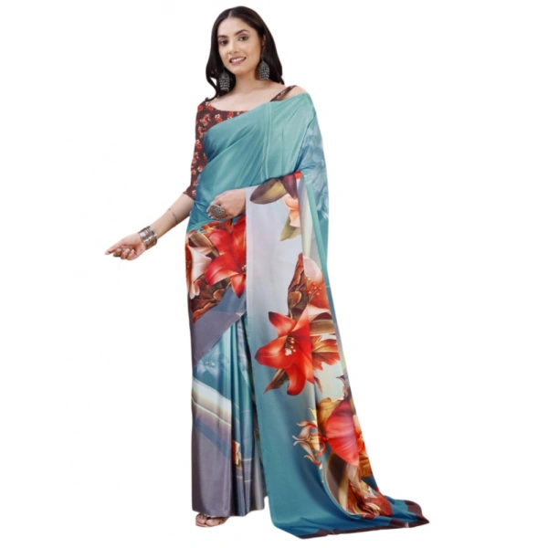 Women's Crepe Digital Print Saree With Unstitched Blouse 5.5Mtr (Blue) - Blue