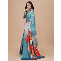 Women's Crepe Digital Print Saree With Unstitched Blouse 5.5Mtr (Blue) - Blue