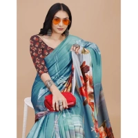 Women's Crepe Digital Print Saree With Unstitched Blouse 5.5Mtr (Blue) - Blue