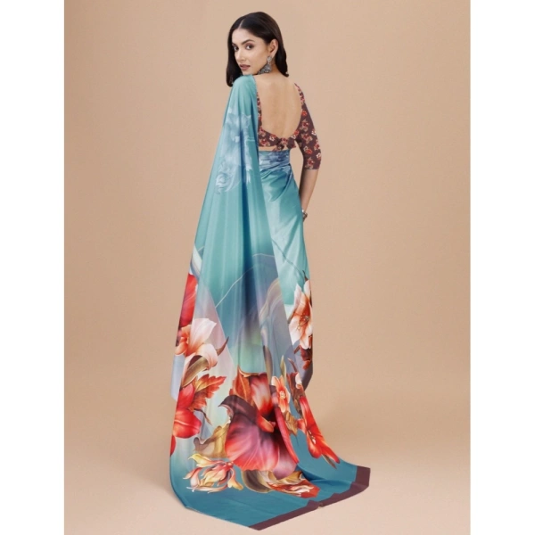 Women's Crepe Digital Print Saree With Unstitched Blouse 5.5Mtr (Blue) - Blue