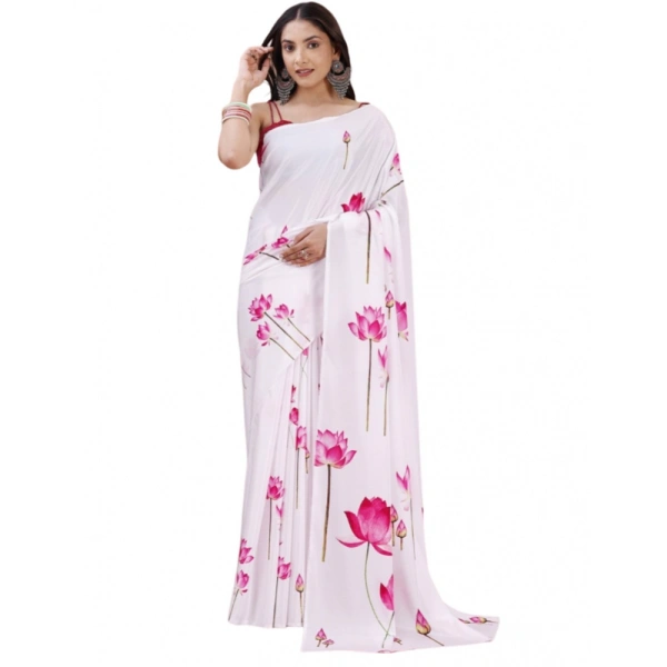 Women's Crepe Digital Print Saree With Unstitched Blouse 5.5Mtr (White) - White