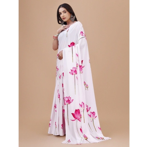 Women's Crepe Digital Print Saree With Unstitched Blouse 5.5Mtr (White) - White