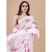 Women's Crepe Digital Print Saree With Unstitched Blouse 5.5Mtr (White) - White
