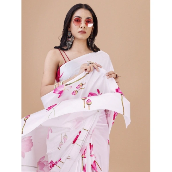 Women's Crepe Digital Print Saree With Unstitched Blouse 5.5Mtr (White) - White