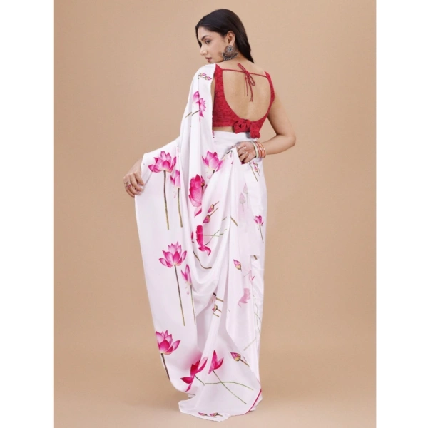 Women's Crepe Digital Print Saree With Unstitched Blouse 5.5Mtr (White) - White