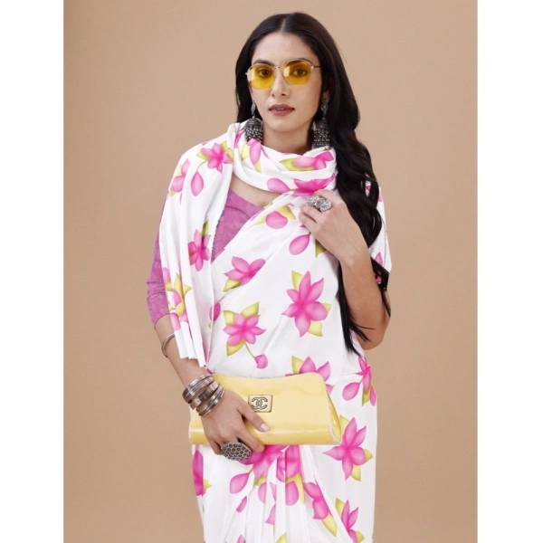 Women's Crepe Digital Print Saree With Unstitched Blouse 5.5Mtr (Pink) - Pink