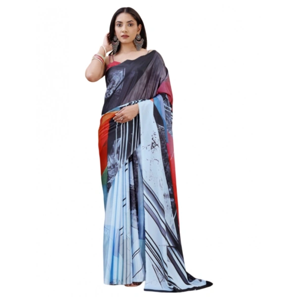 Women's Crepe Digital Print Saree With Unstitched Blouse 5.5Mtr (Light Blue) - Light Blue