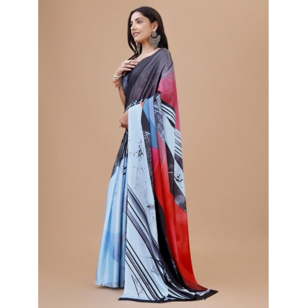 Women's Crepe Digital Print Saree With Unstitched Blouse 5.5Mtr (Light Blue) - Light Blue