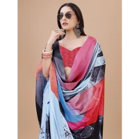 Women's Crepe Digital Print Saree With Unstitched Blouse 5.5Mtr (Light Blue) - Light Blue