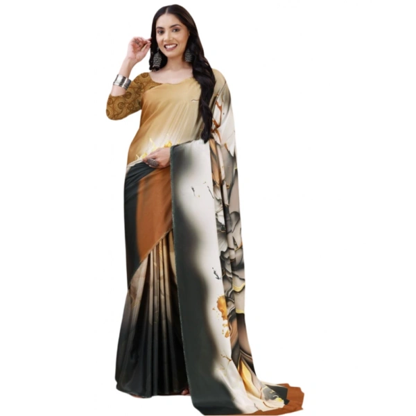 Women's Crepe Digital Print Saree With Unstitched Blouse 5.5Mtr (Brown) - Brown