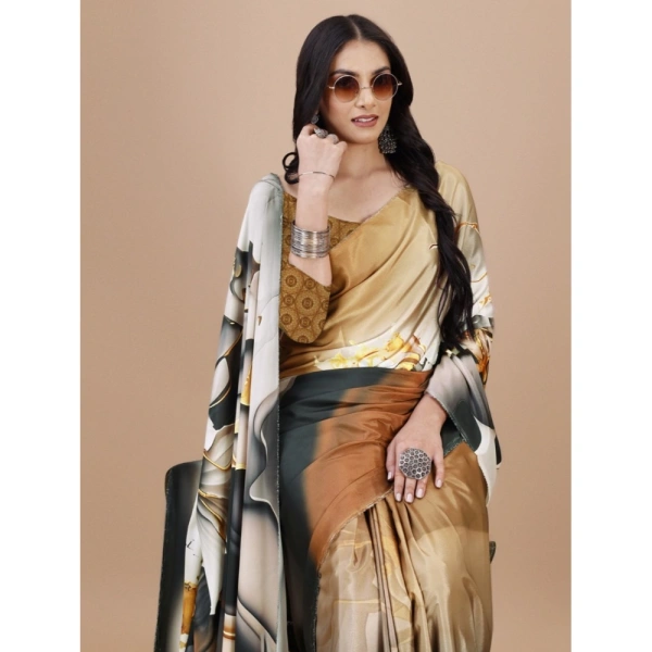 Women's Crepe Digital Print Saree With Unstitched Blouse 5.5Mtr (Brown) - Brown