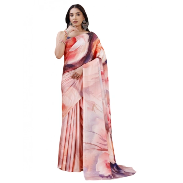 Women's Crepe Digital Print Saree With Unstitched Blouse 5.5Mtr (Pink) - Pink