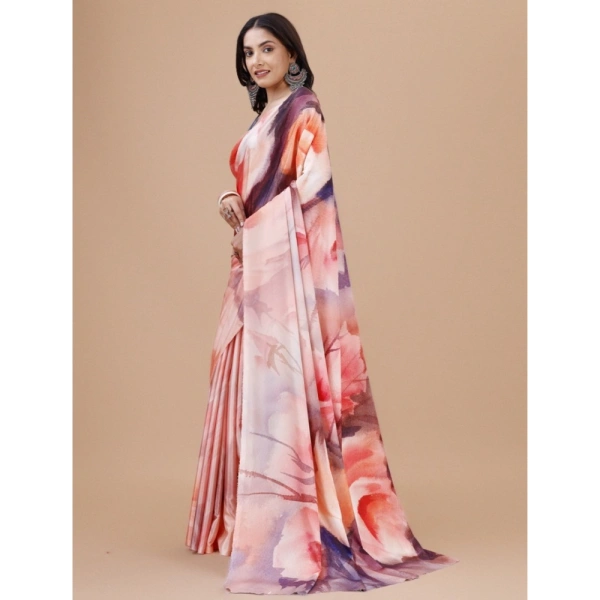 Women's Crepe Digital Print Saree With Unstitched Blouse 5.5Mtr (Pink) - Pink