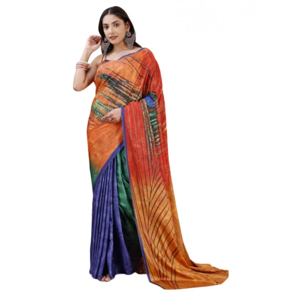 Women's Crepe Digital Print Saree With Unstitched Blouse 5.5Mtr (Orange) - Orange