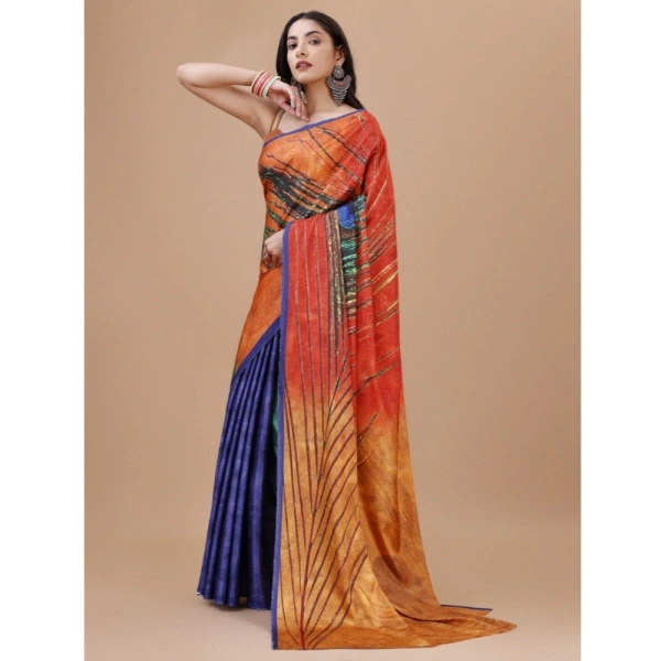 Women's Crepe Digital Print Saree With Unstitched Blouse 5.5Mtr (Orange) - Orange